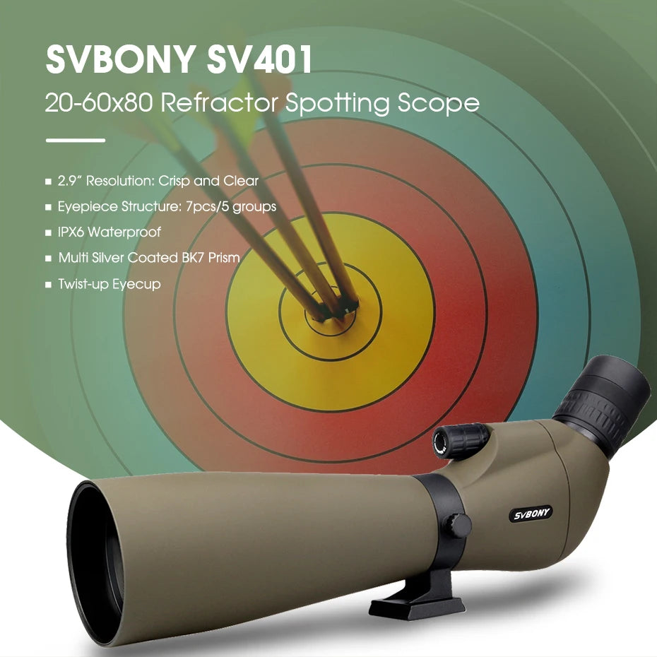 SV401 20-60x80 Spotting Scope BK7 Silver + MC Prism IPX6 Waterproof spyglass with Tripod Camping Equipment