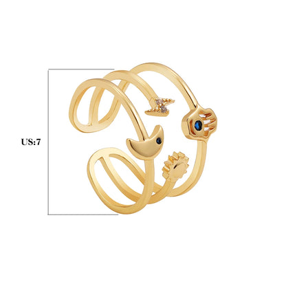 Multilayer Moon Star Sun Open Rings for Women Gold Color Hollow Metal CZ Turkish Hand Finger Rings