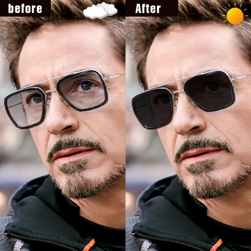 Photochromic Polarized Tony Stark Square Sunglasses for Men Steampunk Driving Glasses