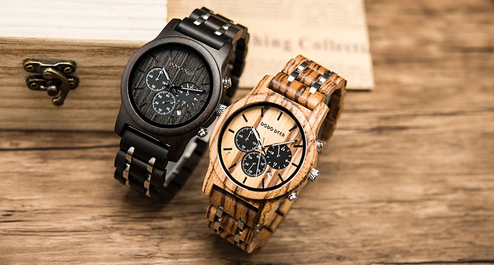 Wooden Stop Watches in Wristwatch Chronograph Auto Date Luminous Hands