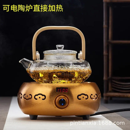 Bamboo-wood Glass Tea-making Teapot Hand-thickened Tea Pot with Filter Liner Flower Can Be Heated By Electric Pottery Oven