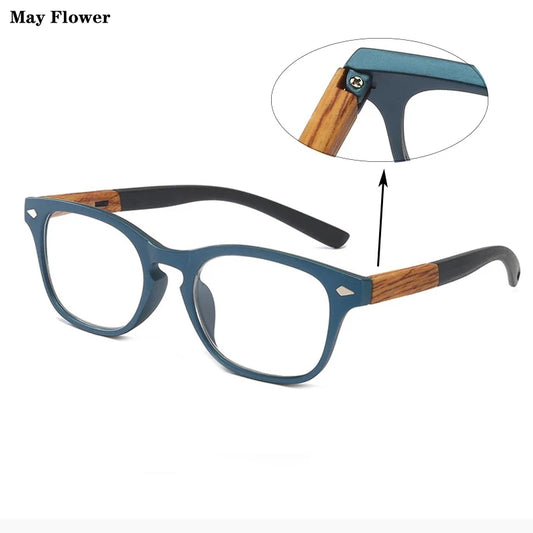Retro Square Wood Grain Reading Glasses with Spring Hinges for Men and Women