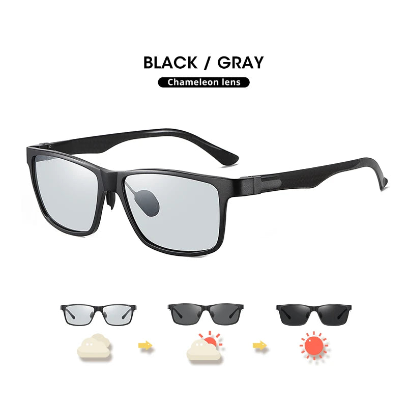 Carbon Fiber Square Photochromic Polarized UV400 Day Night Driving Sunglasses for Men Women