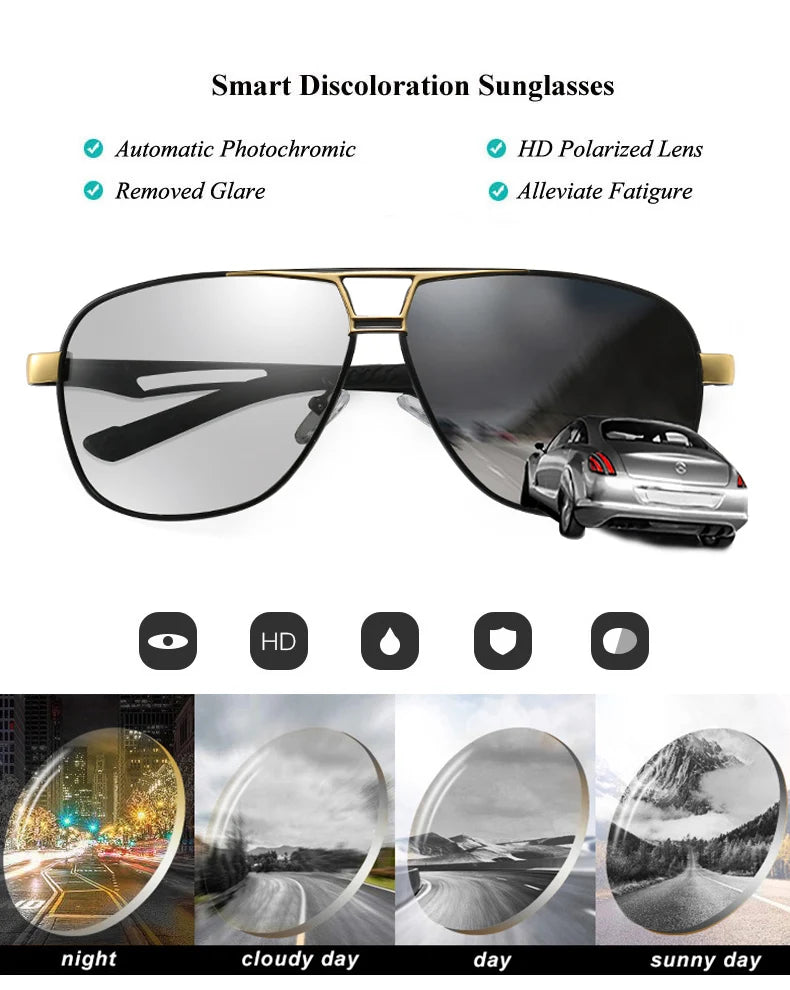 Vintage Aviation Photochromic Polarized UV400 Anti-Glare Driving Sunglasses for Men Women