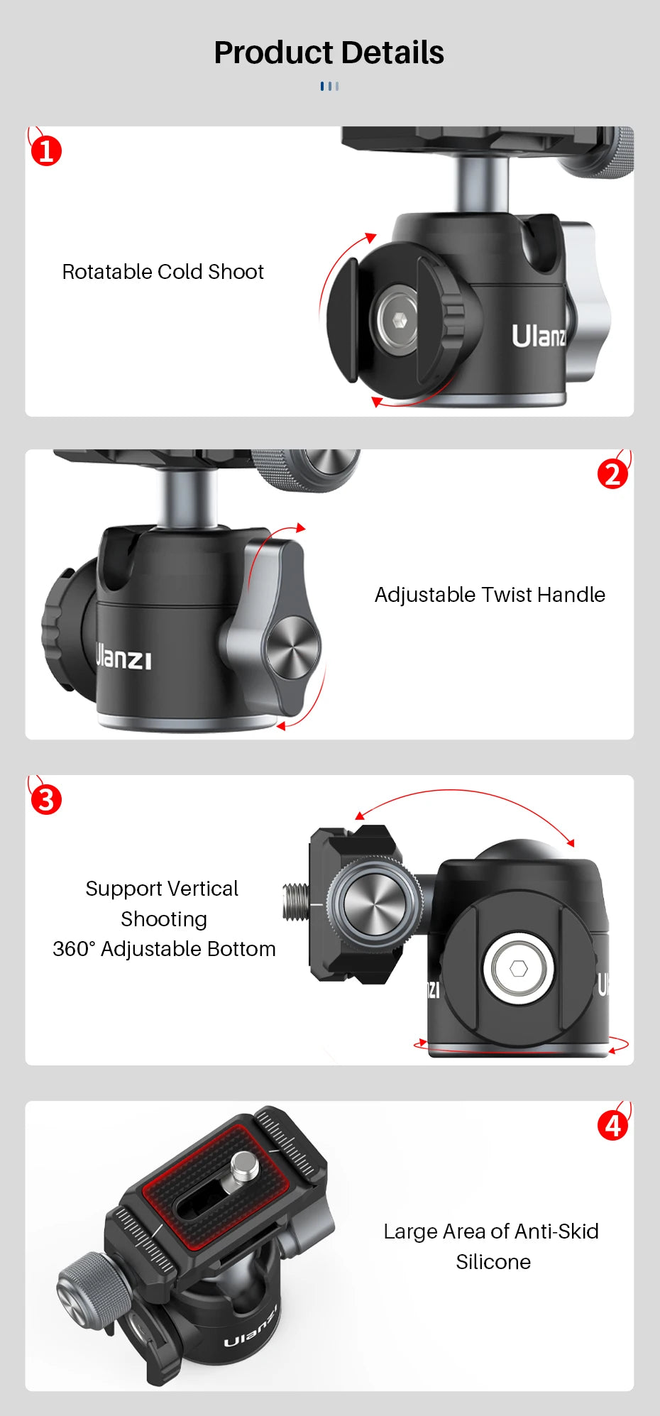 Arca Swiss Plate Tripod Head Ballhead Extend Cold Shoe Ball Head for LED Light Microphone 10KG Playload DSLR Tripod Head