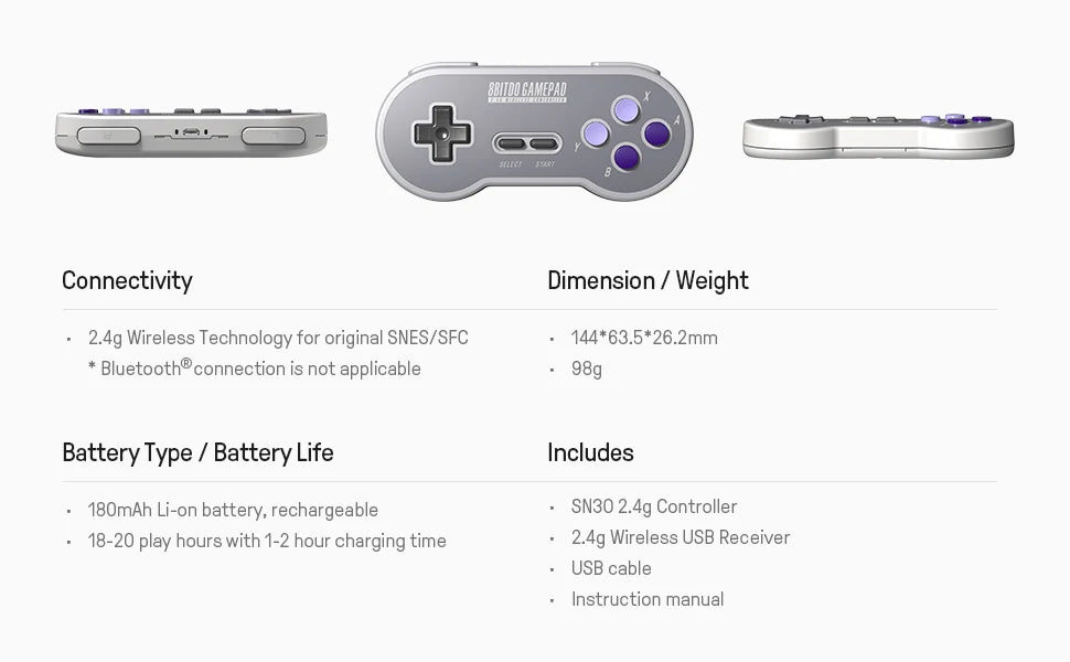 2.4GHz Wireless Retro Gaming Controller for Original Super Nintendo SNES and SFC
