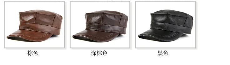 Winter Thermal Genuine Leather Hats Woman Cap Cadet Cap Man Military hat Cowhide Leather Cap