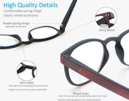 Wood Look Reading Glasses Round Sun Readers Eyeglasses Frame Vintage Spring Hinge with Diopter +0.5 to +5.0