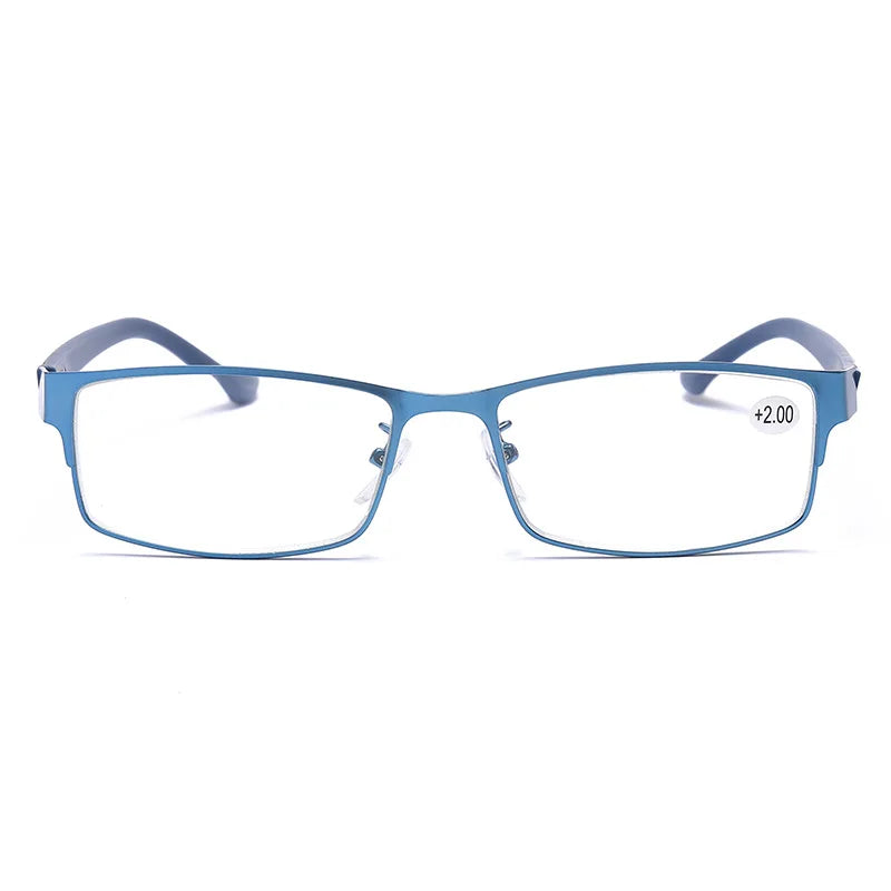 Men Reading Glasses Metal Frame Rectangle Blue Presbyopia Eyewear Women TR90 Spring Leg Eyeglasses Clear Lens