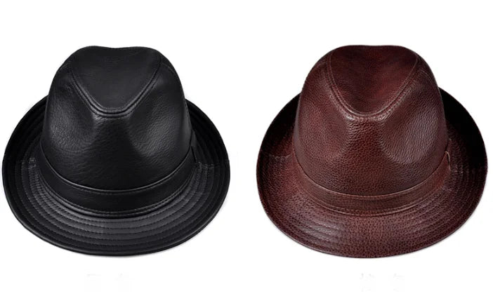 Man High Quality Genuine Leather Jazz Fedora Gentleman Cow Skin Short Brim Top Hat Male Shows Topper