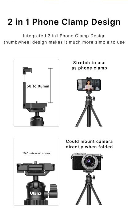 Extend  Black Tripod 360 Adjustable Ballhead 2 in 1 Phone Clamp Holder Smartphone DSLR SLR Tripod for iPhone 12 Pro Max 11