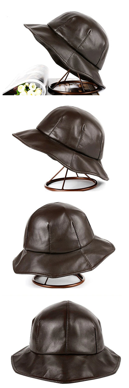 Winter Genuine Leather Hat For Women Korean British Bud Shape Big Brim Basin Caps Japanese Female White Fisherman Top Fedoras