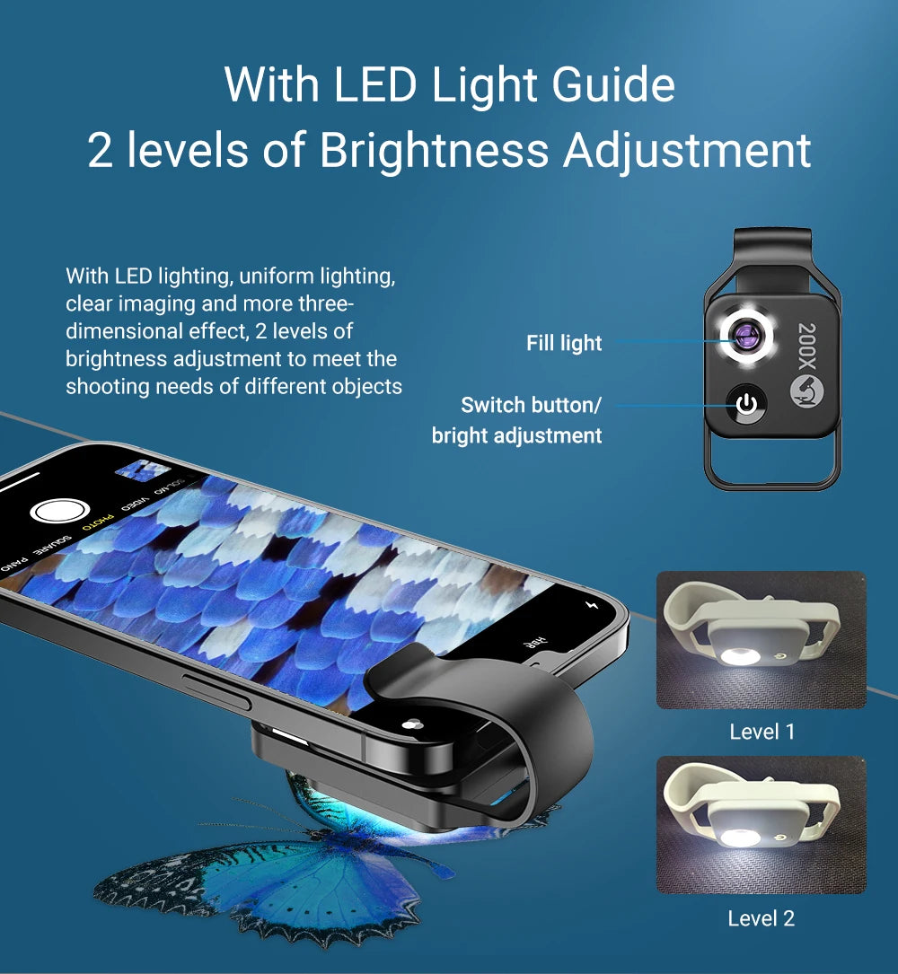 200X Smartphone Microscope Lens with LED Light Universal Clip