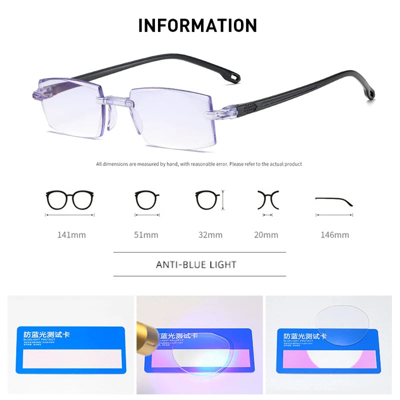 +1.0 +1.5 +2.0 +2.5 +3.0 +4.0 Rimless Reading Glasses Classic Anti blue Light Prescription Optical Far Eyeglass Women Men