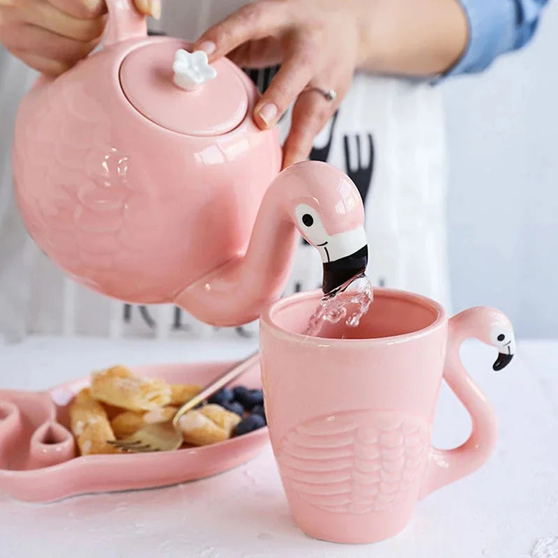 Tea Set Creative Flamingo Teapot Drinking Tea Cup Sets Water Coffee Cup Fruit Juice Mugs Set Teaware