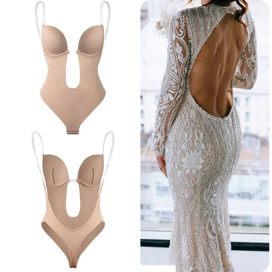 Deep V-Neck Backless Bodysuit Shapewear – Push Up Thong Body Shaper
