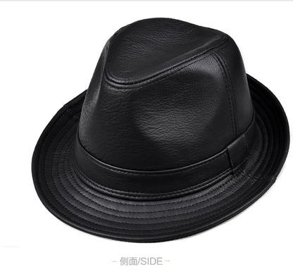 Man High Quality Genuine Leather Jazz Fedora Gentleman Cow Skin Short Brim Top Hat Male Shows Topper