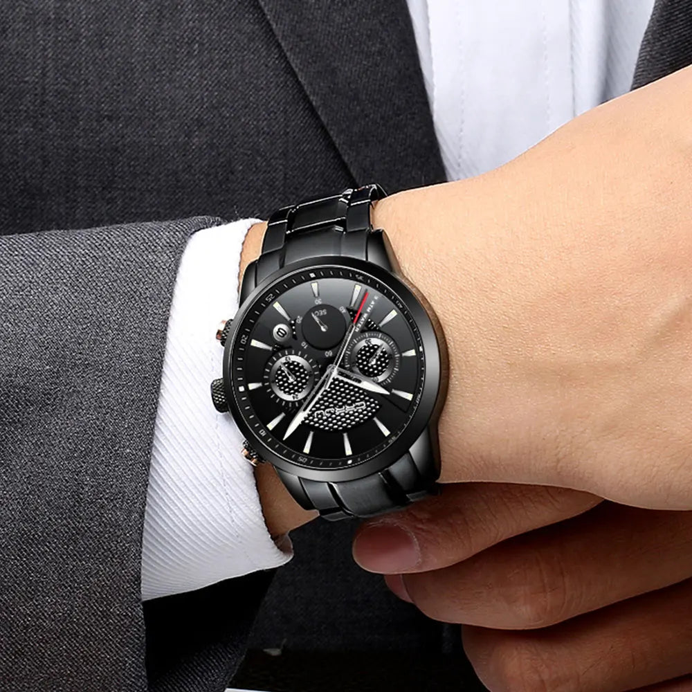 Business Men Watch Fashion Blue Date Chronograph Stianless Steel Wristwatch Mens Casual Waterproof Clock