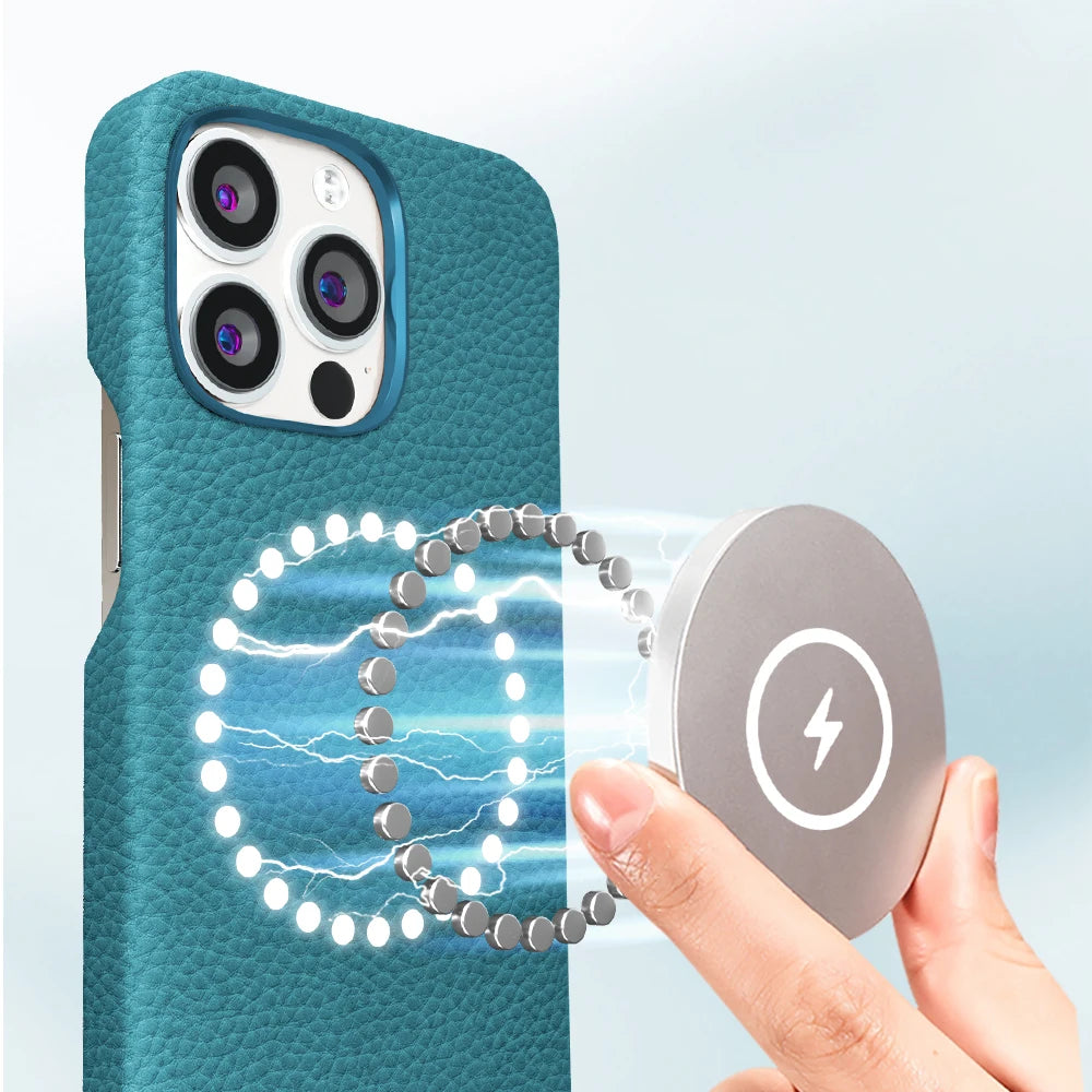 for Magsafe Case for iPhone 13 Pro Max 13 Mini 13Pro Natural Cowhide Lychee Leather Magnetic Luxury Metal Frame Phone Back Cover