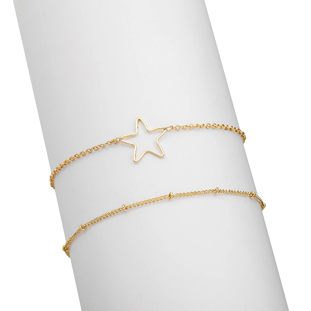 Bohemia Tiny Chain Anklet on The Leg for Women Girls Simple Hollow Star Anklet Bracelets