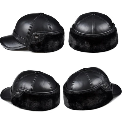 Winter Men's  Hat Thicken Leather Cowhide Baseball Caps With Ears Warm Snapback