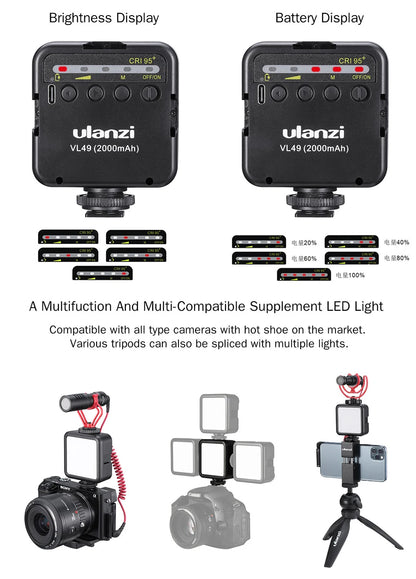 Mini Portable VL-49 LED Video Light Triple Cold Shoe Rechargeable Vlog Fill Light Photography Lighting Tripod Kit CRI95+