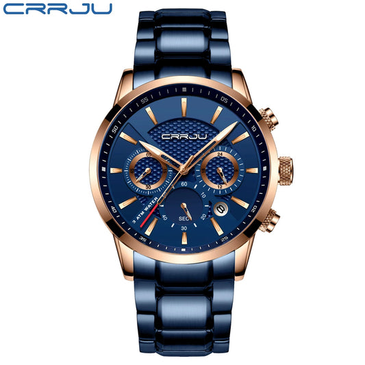 Business Men Watch Fashion Blue Date Chronograph Stianless Steel Wristwatch Mens Casual Waterproof Clock