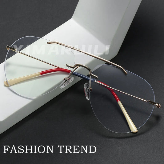 Ultra Light Fashion Double Beam Glasses Frame Retro Alloy Optical Prescription Rimless Glasses For Men and Women 1870