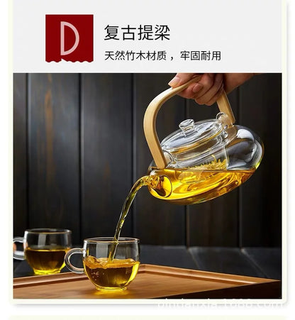 Bamboo-wood Glass Tea-making Teapot Hand-thickened Tea Pot with Filter Liner Flower Can Be Heated By Electric Pottery Oven