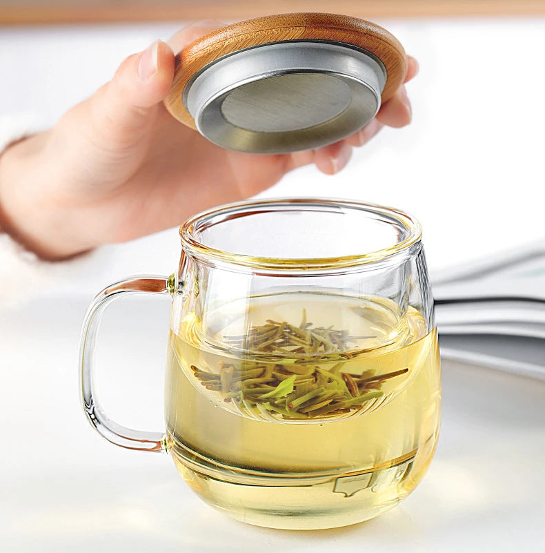 Creative Glass Tea Infuser Cup With Filter Transparent Flower Teacup  Handle Bamboo Lid Heat-resistant Fruit Tea Mug Drinkware