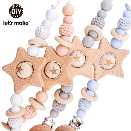 Let's Make 1PC Pacifier Chain Baby Teether Beech Star Wooden Clip Geometric Crochet Beads Pacifier Clip Chain Kids Tiny Rod Toys