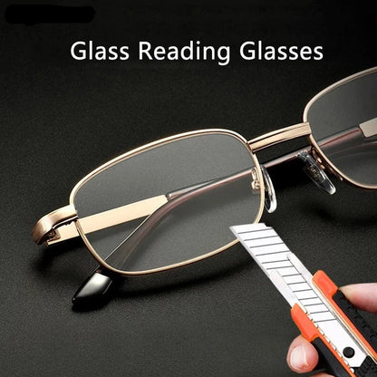 Retro Square Anti-Scratch Reading Glasses For Men Presbyopia Eyewear With Glass Lenses Metal Hyperopia Eyeglasses+3.5