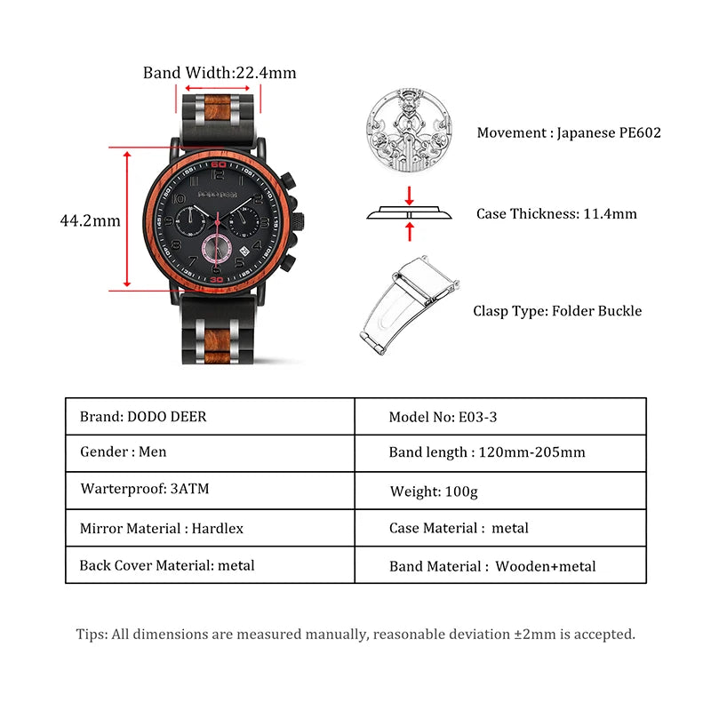 Classic Watches for Wrist watch Quartz Stopwatch Ebony Wood Auto Date Metal Stainless Steel