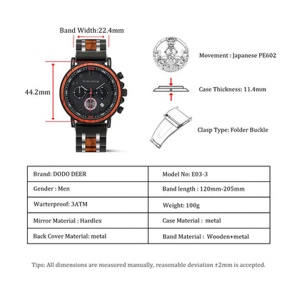 Classic Watches for Wrist watch Quartz Stopwatch Ebony Wood Auto Date Metal Stainless Steel