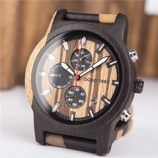 Watches Creative Business Quartz Clock Wood Timepieces Chronograph Date Week Display