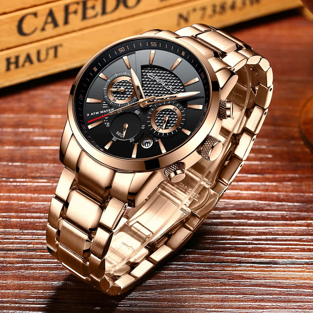 Business Men Watch Fashion Blue Date Chronograph Stianless Steel Wristwatch Mens Casual Waterproof Clock