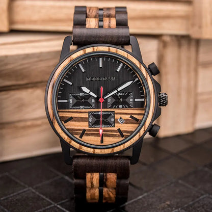 Wood Quartz Stop Watch Timer Luxury Chronograph Wristwatch Auto Date