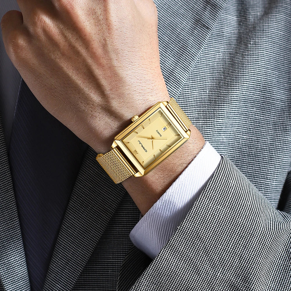 Watch Men Top Brand Luxury Square Golden Quartz Stainless Steel Waterproof Wrist Watch Relogio Masculino
