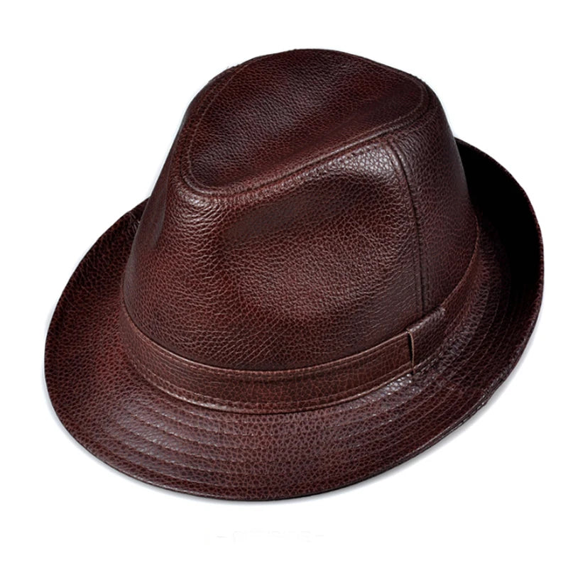 Man High Quality Genuine Leather Jazz Fedora Gentleman Cow Skin Short Brim Top Hat Male Shows Topper