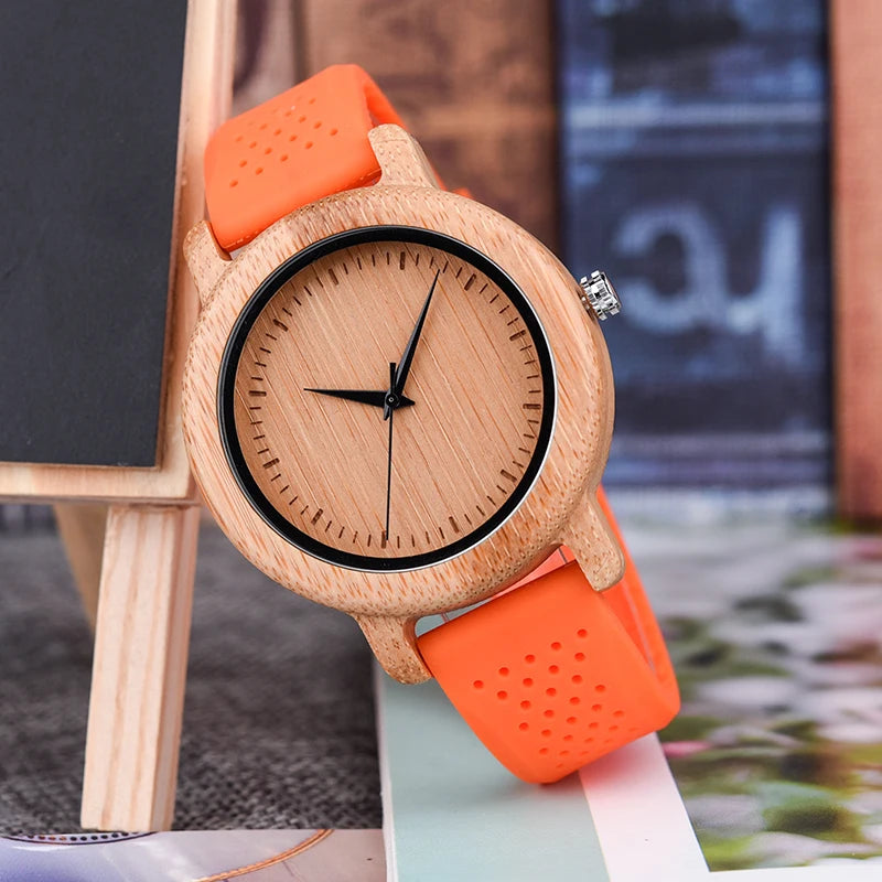 Watches Top Brand Luxury Quartz Leather Silicone Strap Bamboo Wristwatch