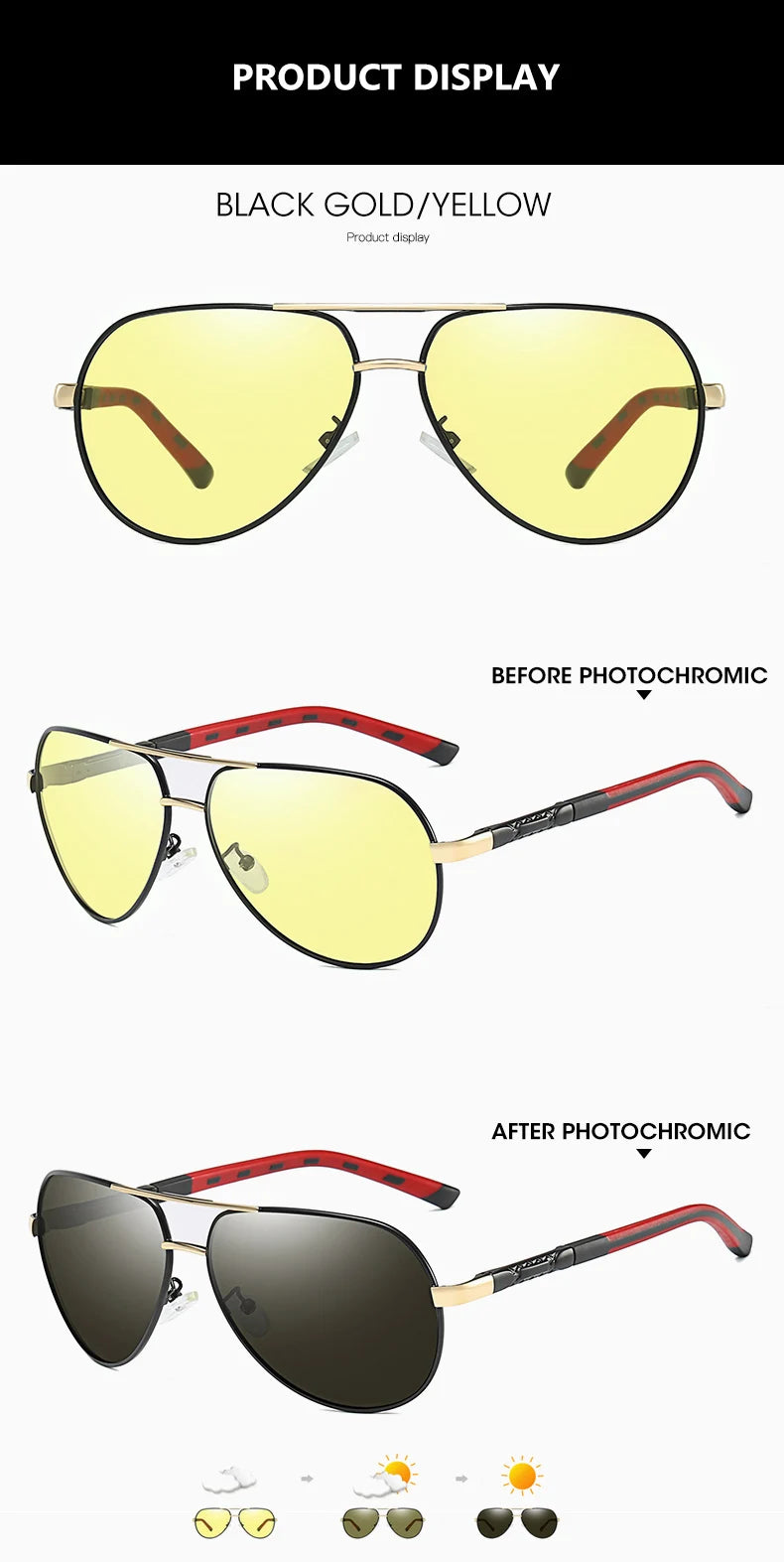 Aviation Photochromic Polarized Night Vision UV400 Driving Sunglasses for Men Women