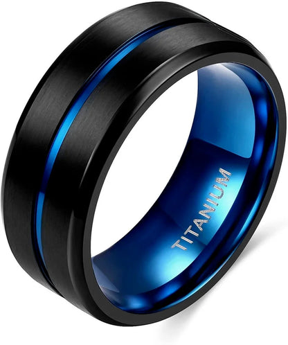 Titanium Ring 6 mm 8 mm 10 mm Blue Center Groove Wedding Ring