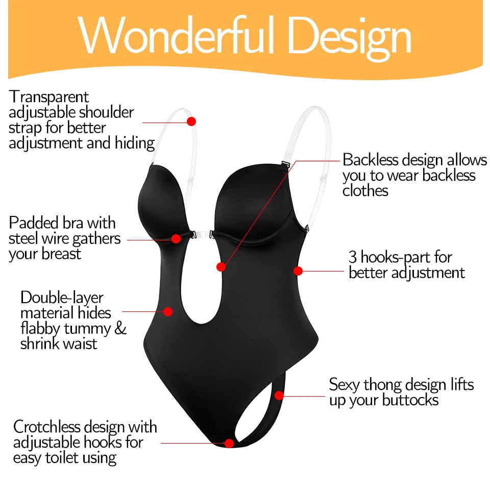 Shapewear Bodysuit Women Deep V-Neck Body Shaper Padded Bra Backless U Plunge Thong Shaper Waist Trainer Push Up Party Underwear