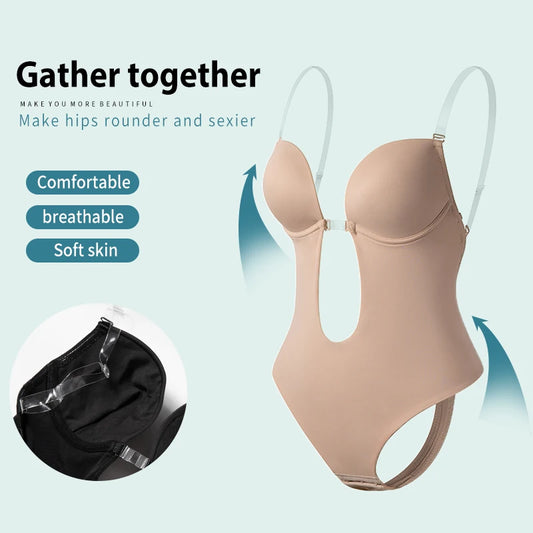 Deep V-Neck Backless Bodysuit Shapewear – Push Up Thong Body Shaper