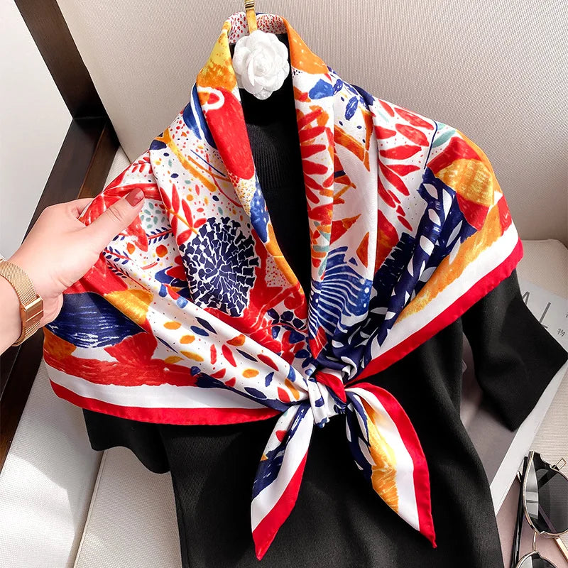 Women Scarf Silk Feeling Hair Neck Square Brand Office bandanna muffler Waiter Flight Attendants Handkerchief Rings wrap