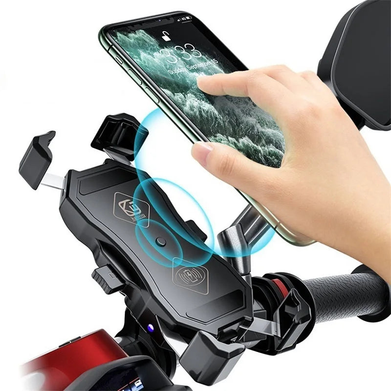 Motorcycle Fork Stem Wireless Charger 15W Qi/USB Quick Charge Phone Holder Handlebar Mirror Mount with 1" Ball for 3.5"-6.8"