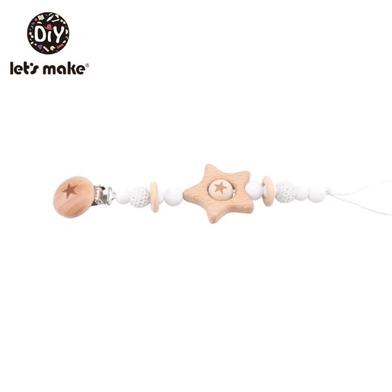 Let's Make 1PC Pacifier Chain Baby Teether Beech Star Wooden Clip Geometric Crochet Beads Pacifier Clip Chain Kids Tiny Rod Toys