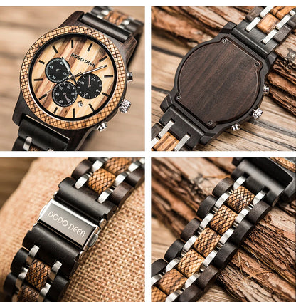 Watches Japanese Quartz Wooden Wristwatch Chronograph Top Brand Luxury Stopwatch Auto Date