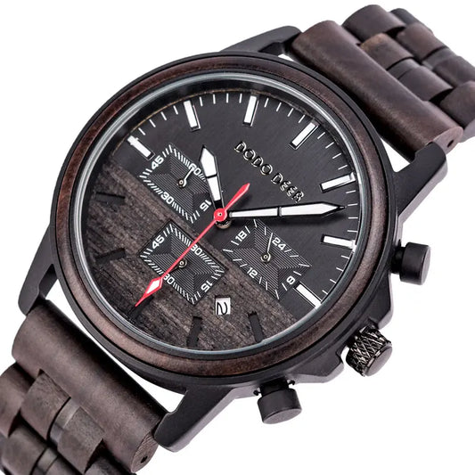 Wood Quartz Stop Watch Timer Luxury Chronograph Wristwatch Auto Date