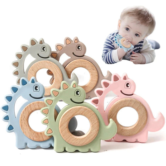 1PC Cartoon Dinosaur Molar Toy for Baby Oral Care Products BPA-Free Silicone Baby Teether Wooden Ring Food Grade Teething Toy